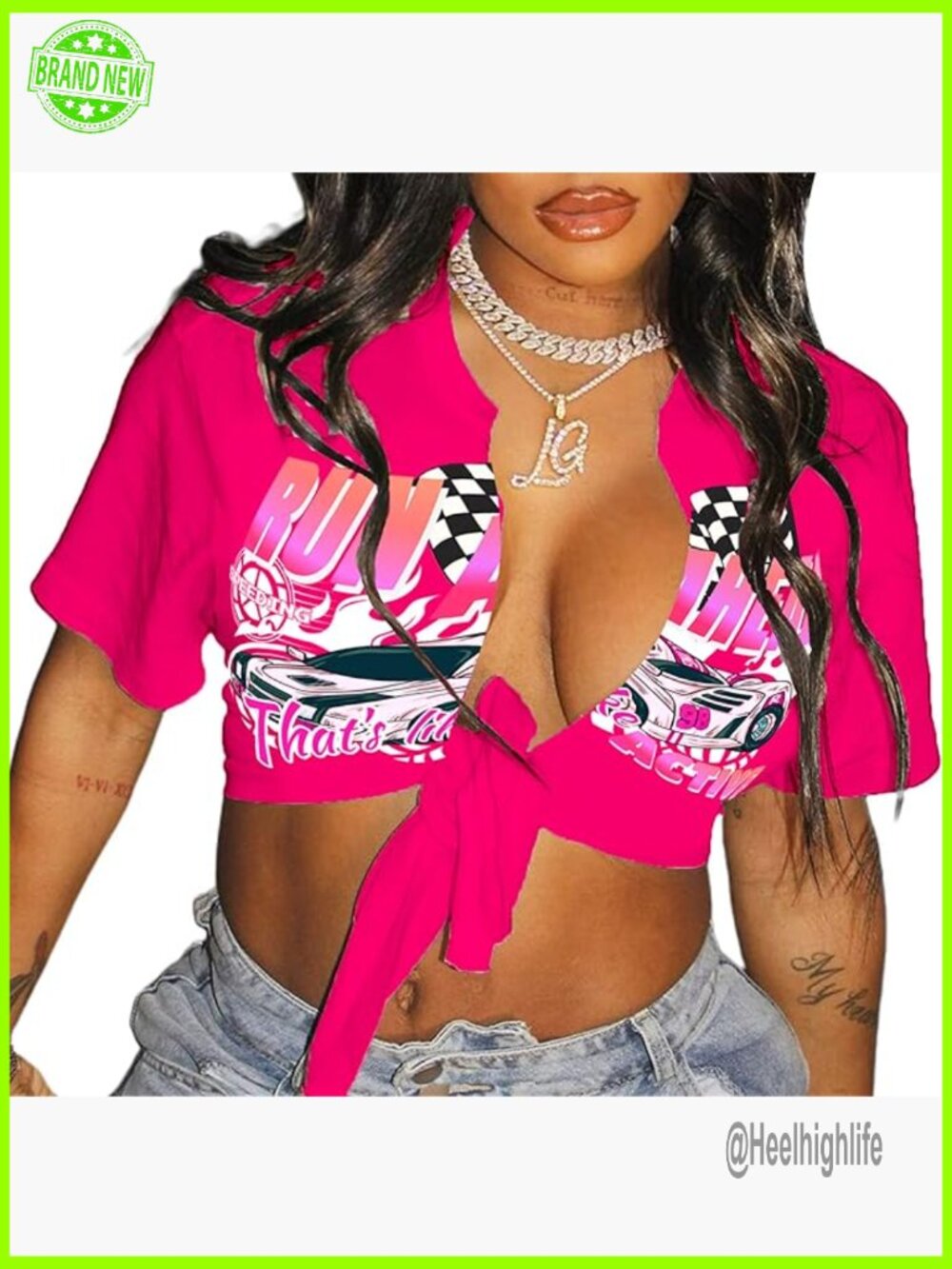 Sexy Tie Front Crop Top Short Sleeve Graphic Tee Clubwear - Picture 1 of 6